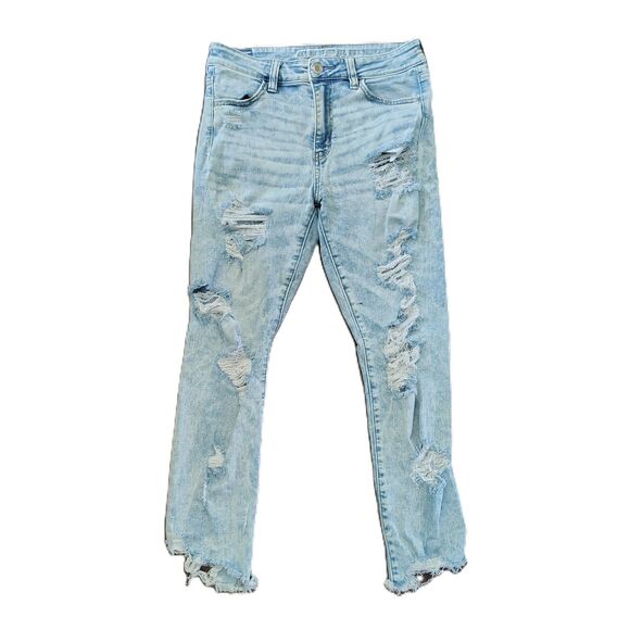 American Eagle Hi-Rise Jegging Crop Sz 10 Women's Light Wash Distressed Jeans - Picture 1 of 5